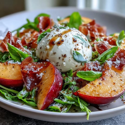 Creamy burrata, sweet peaches, salty prosciutto star in this summer salad.