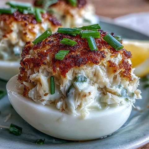 Golden Crab Cake Deviled Eggs with Old Bay, a zesty appetizer bite.