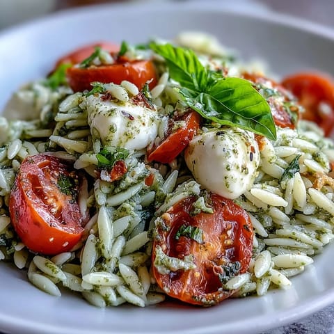 Vibrant Cold Pesto Orzo Salad with cherry tomatoes and mozzarella, ready for summer picnics.