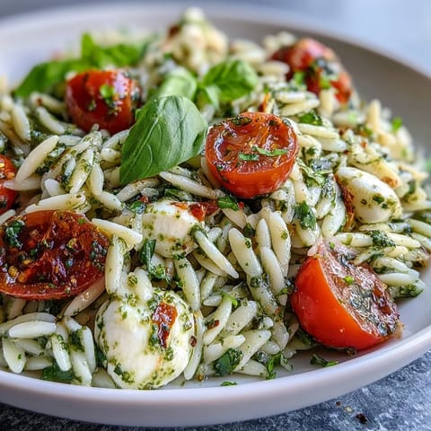 Freshly tossed Cold Pesto Orzo Salad, bursting with Italian flavors, perfect for lunch.