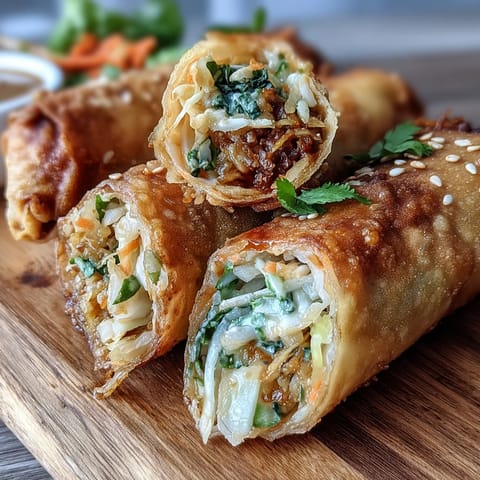 Golden crispy spring rolls glistening next to creamy peanut dipping sauce.