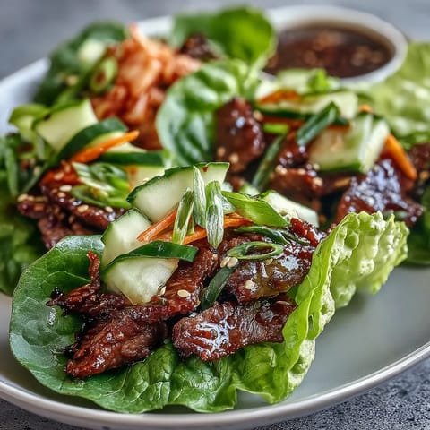 Korean BBQ beef lettuce wraps with spicy kimchi, a vibrant, low-carb meal.