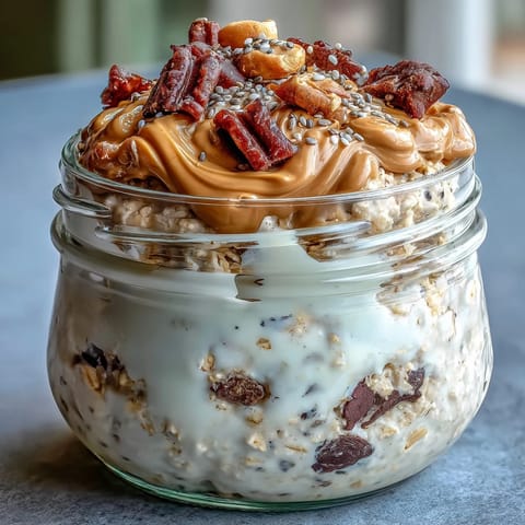 A healthy breakfast of delicious Protein Cookie Dough Overnight Oats ready to eat.
