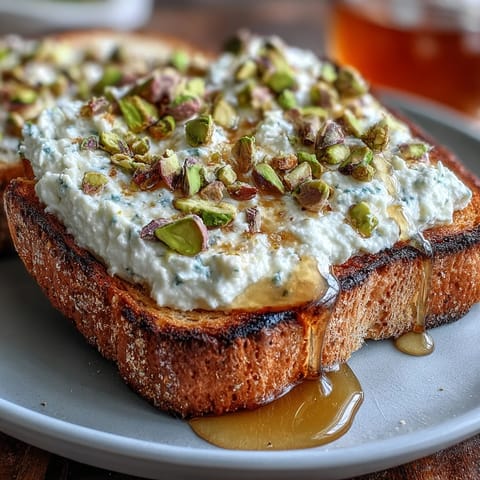 Fluffy ricotta toast with golden honey drizzle and vibrant green pistachio topping.