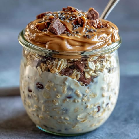 Enjoying creamy Protein Cookie Dough Overnight Oats topped with chocolate chips and nuts.
