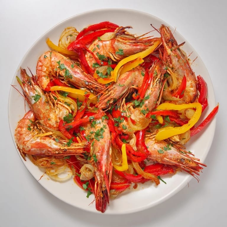 Roasted sheet pan shrimp fajitas, a flavorful Tex-Mex dinner served with fresh cilantro and lime wedges.