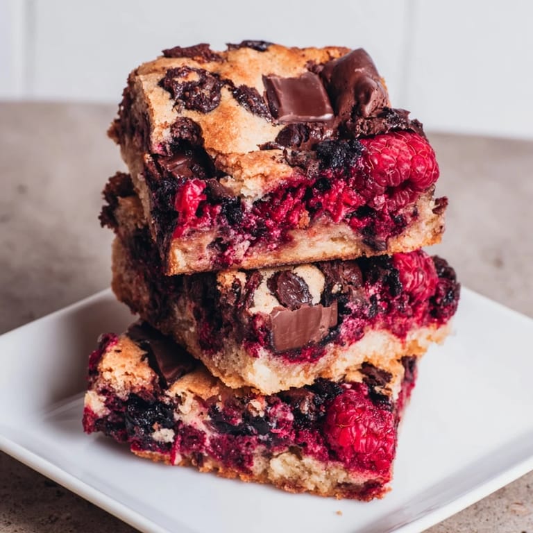 A square of decadent white chocolate and raspberry blondies, ready to be enjoyed, promising a sweet, fruity bite.