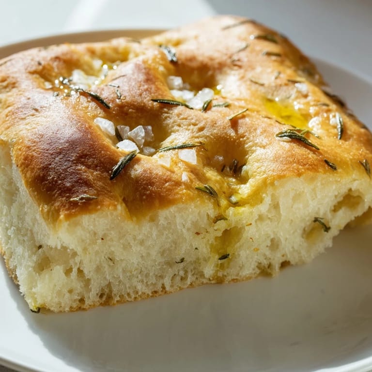 The fluffy texture of Simple Homemade Focaccia, topped with sea salt and fresh rosemary, smells amazing.