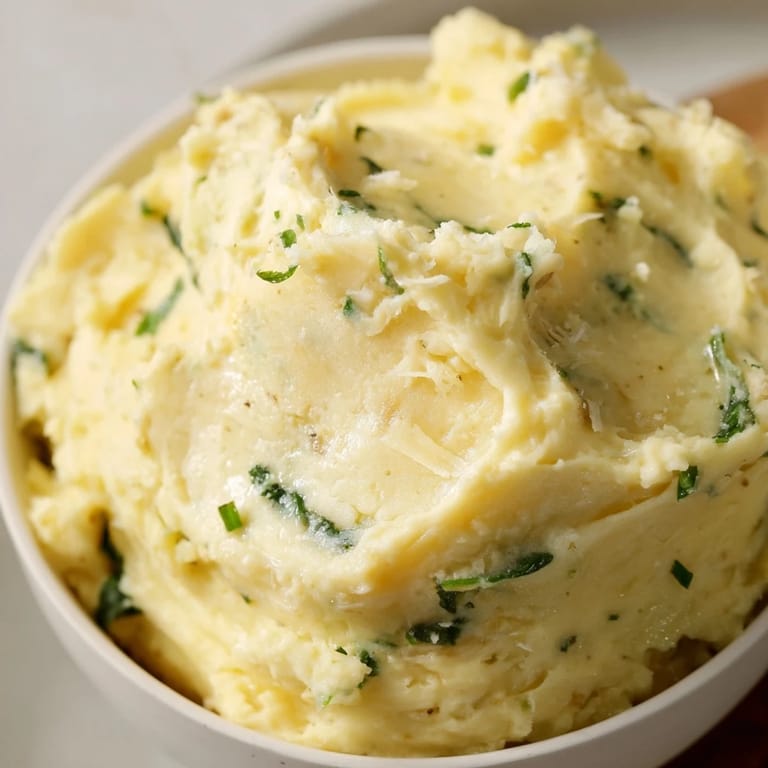 Buttery Creamy Spinach and Parmesan Mashed Potatoes, mixed with savory spinach and Parmesan.