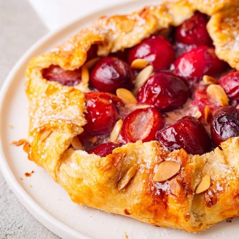 Close-up of a warm, just-baked Rustic Cherry and Vanilla Almond Galette, ready to be sliced and enjoyed.
