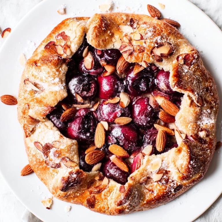 Delicious Rustic Cherry and Vanilla Almond Galette with a buttery almond crust, perfect with vanilla ice cream.