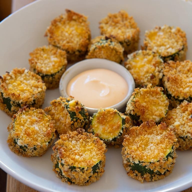 Oven-baked crispy zucchini rounds, a delightful vegetarian appetizer, served with a zesty, homemade spicy mayo.