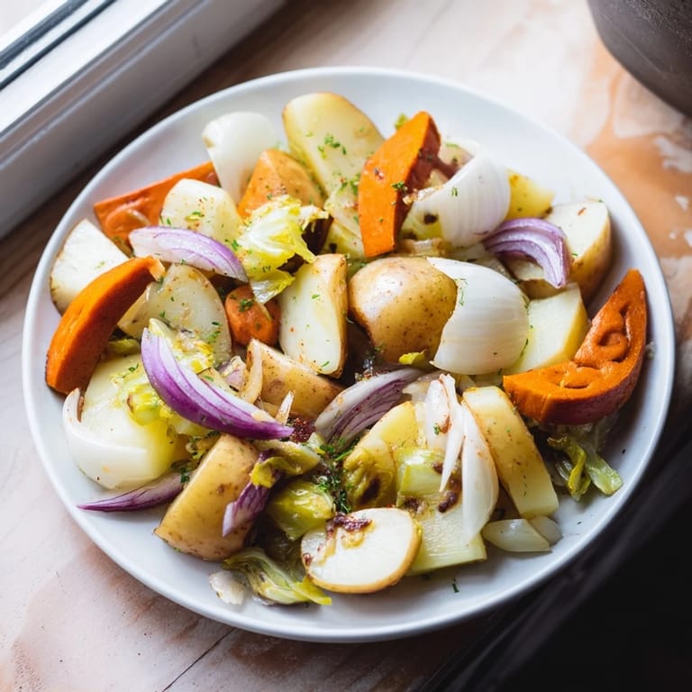 This All-in-One Pan Sausage and Cabbage Bake shows tender vegetables and juicy sausage in a flavorful broth.
