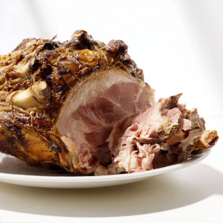 Close-up of the Slow-Roasted Pork Shoulder in cider glaze, showing crispy skin and savory aromas.