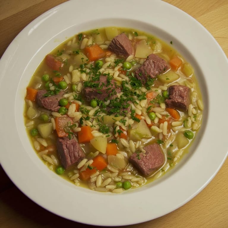 A close-up of a rustic bowl of one-pot hearty beef and barley soup, served with fresh parsley garnish.