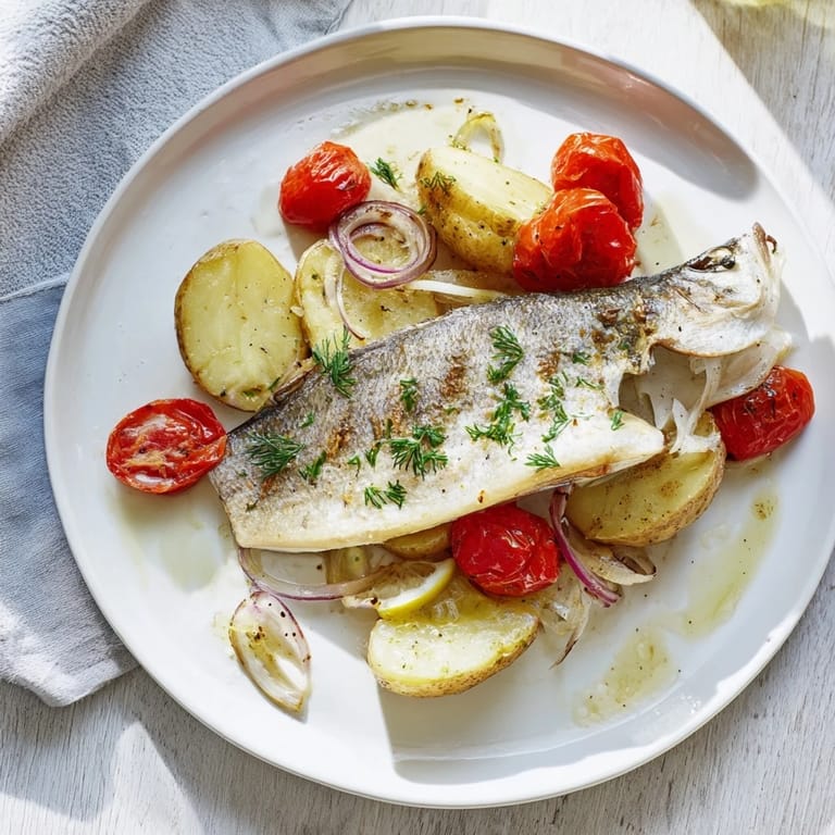 Golden One-Tray Baked Trout fillets nestled among vibrant tomatoes, garlic, and herbs, ready to be enjoyed.