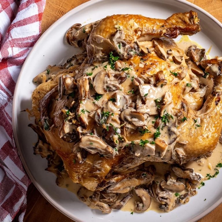 Close-up of a plated Skillet-Seared Chicken Breast, topped generously with creamy mushroom sauce, delicious and savory.