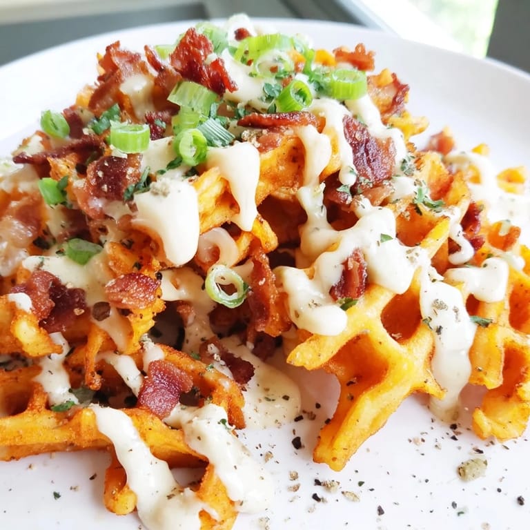 Loaded Sweet Potato Fries: crispy bacon bits and sliced green onions top these decadent and savory sweet potato fries.