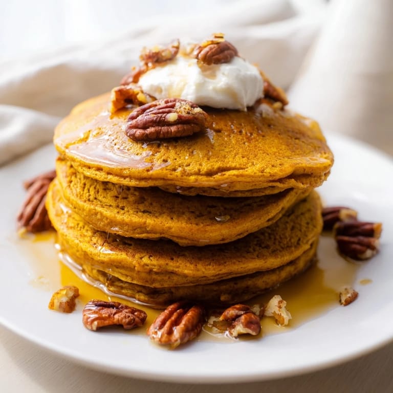 Warm, aromatic plate of pumpkin spice pancakes, perfect for enjoying on a crisp fall morning.