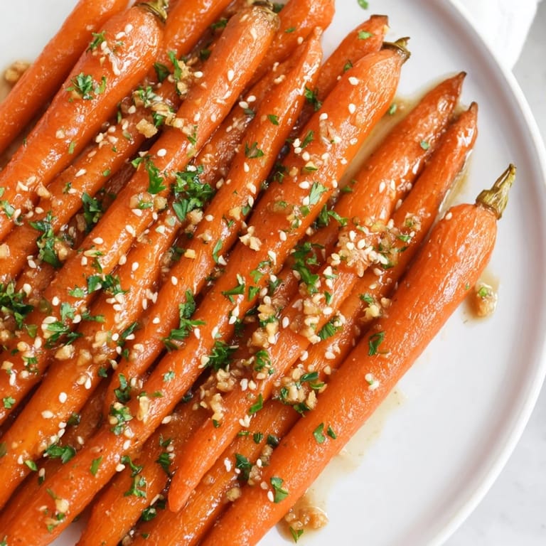 A close-up view of glistening, tender Honey Soy Roasted Carrots, ready to be served and enjoyed.