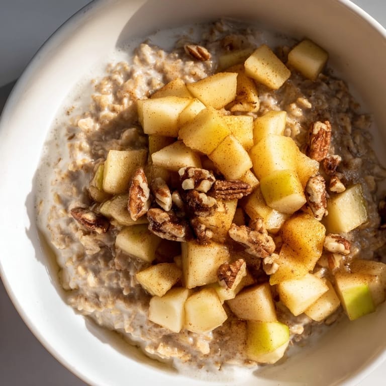 This Apple Pie Oatmeal Bowl features a close-up, showing golden-brown apples atop steaming oatmeal.