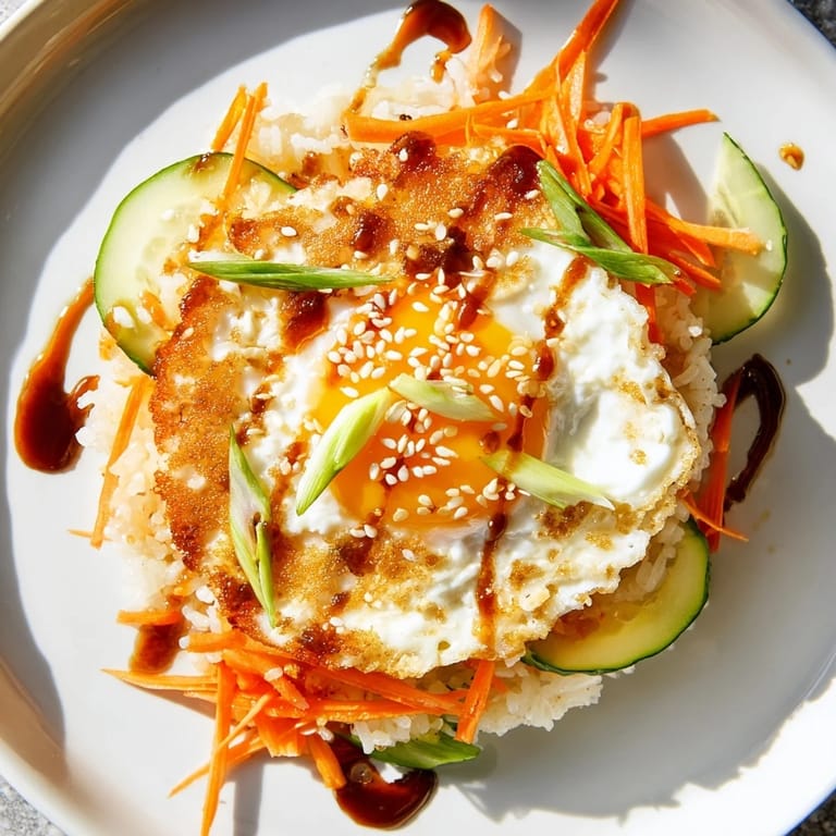 A beautifully plated crispy egg rice bowl: fluffy rice, vibrant veggies, and a rich soy sauce drizzle.