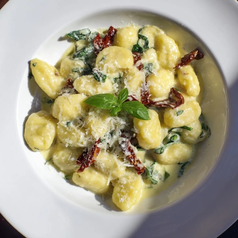A close-up shot of Creamy Tuscan Gnocchi, showing the creamy sauce coating the gnocchi perfectly.