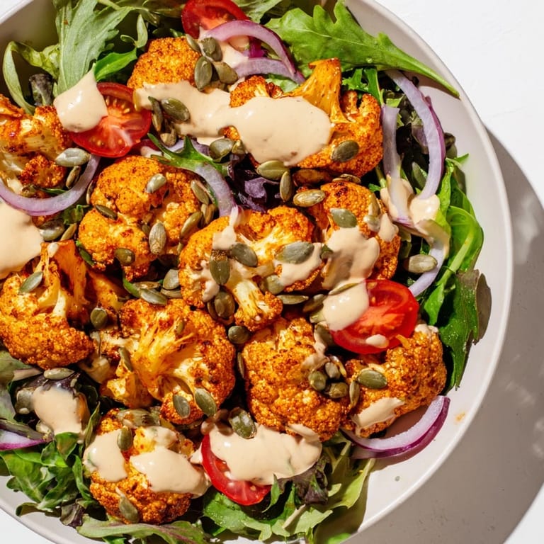 A visually appealing Crispy Cauliflower Salad with toasted pumpkin seeds, perfect for a light vegetarian meal.