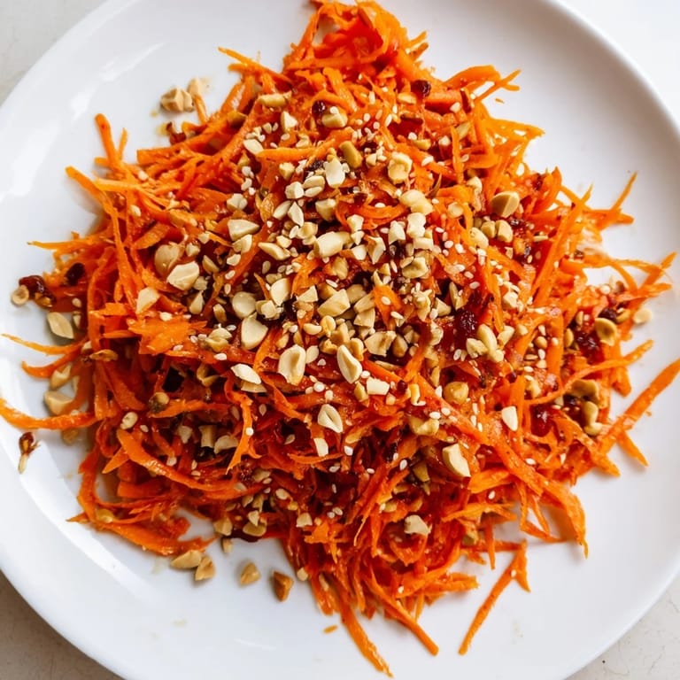 Close-up of a refreshing Spicy Carrot Salad; the crunchy, colorful salad has a zesty Asian dressing.