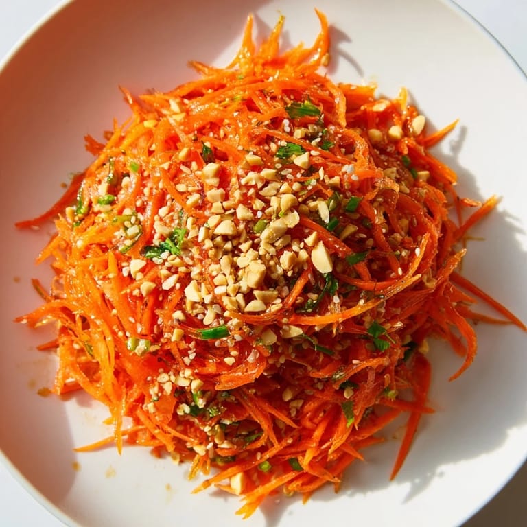 Freshly prepared Spicy Carrot Salad, a flavorful side dish with carrot ribbons and a spicy kick.