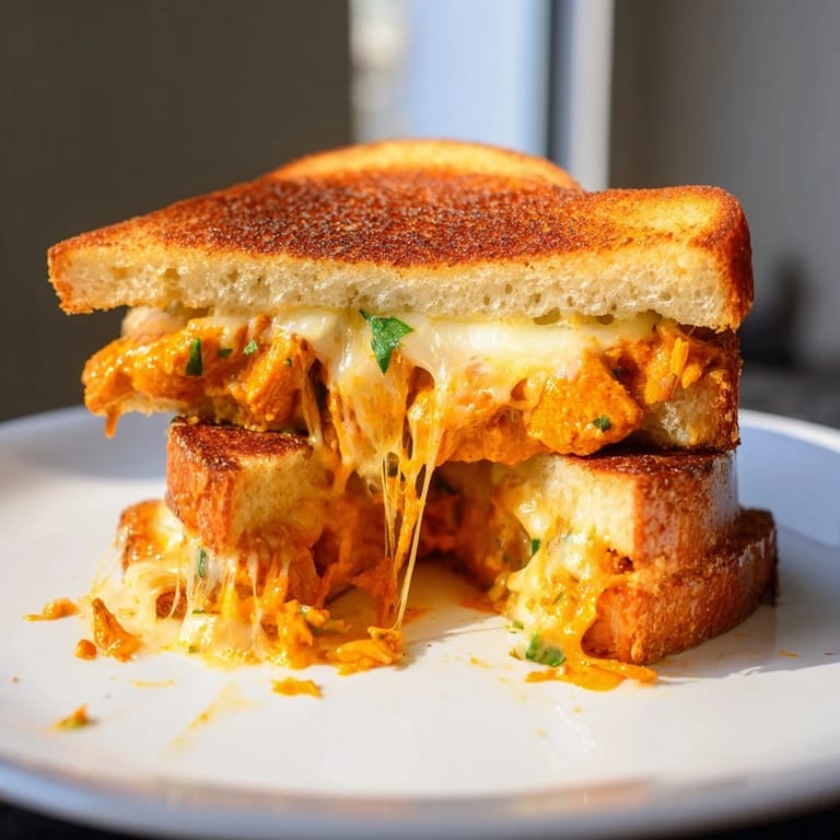 A close-up of a golden brown, irresistible Savory Butter Chicken Grilled Cheese, ready to be sliced.