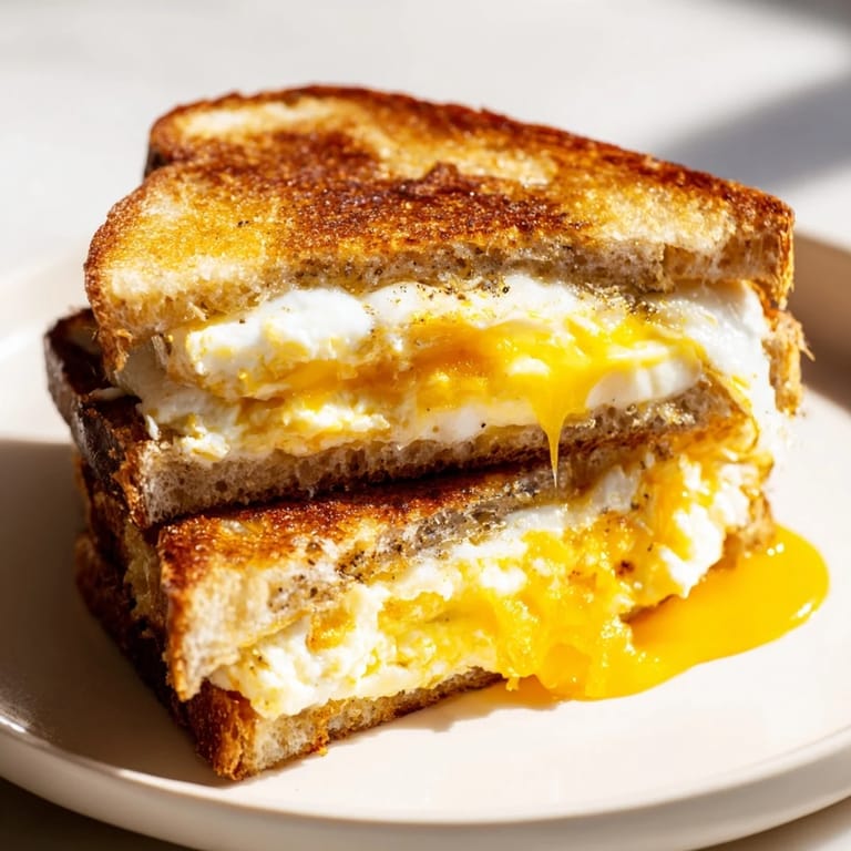 Crispy-edged Feta Fried Eggs Grilled Cheese, cut in half, revealing a perfectly runny yolk and melted cheese.