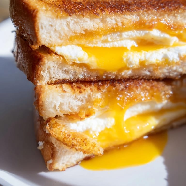 A close-up of a rustic Feta Fried Eggs Grilled Cheese, a delicious vegetarian meal, ready to eat.