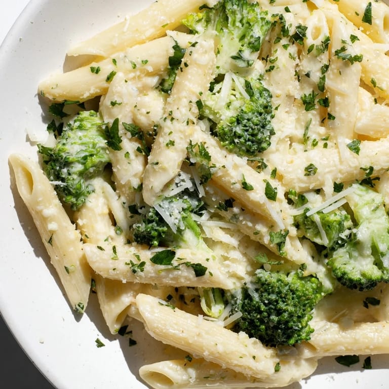 A close-up of the flavorful Cream Cheese Garlic Pasta, showing the tender pasta and melted cheese with parsley garnish.