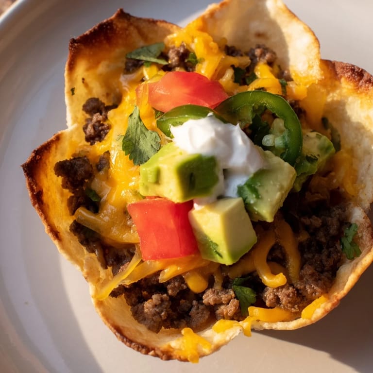 Crispy mini taco cups ready to eat, filled with beef and cheese, ideal for a tasty appetizer.