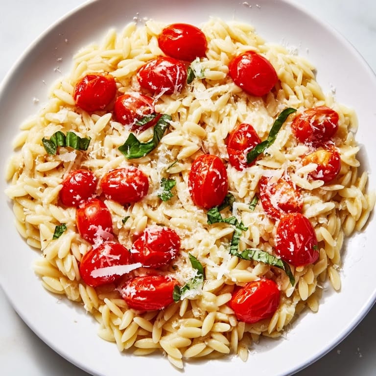 Vibrant orzo tomato Parmesan: a delicious vegetarian pasta dish brimming with fresh ingredients.