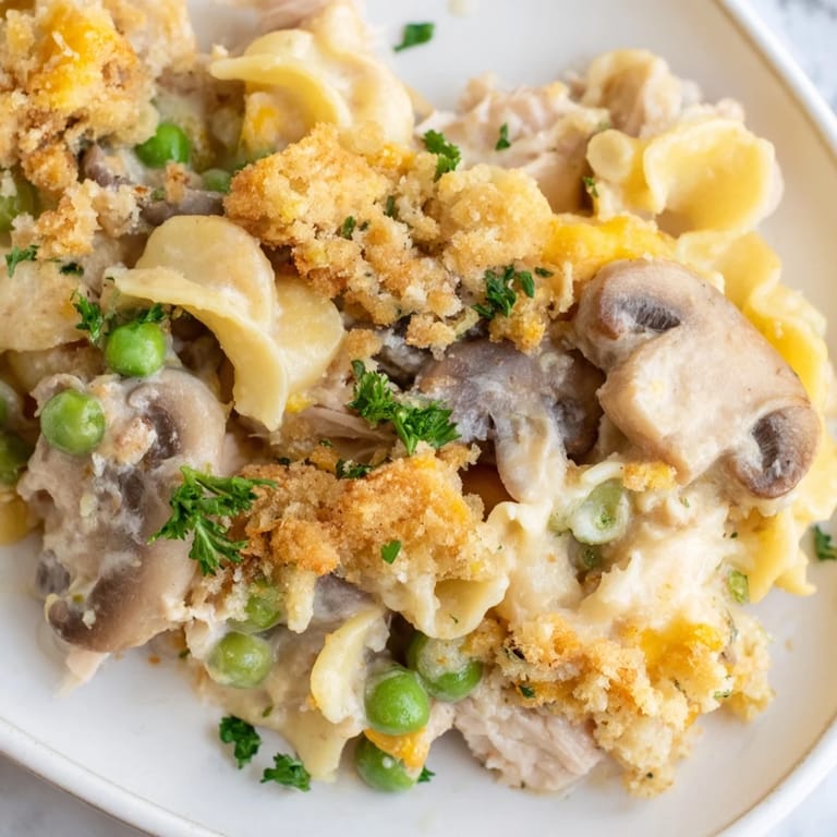 Perfectly baked Tuna Noodle Casserole recipe, a classic, golden, comfort food dinner ready to serve.