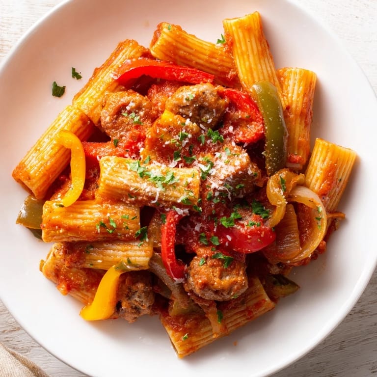 Delicious Sausage and Peppers Pasta bubbling in a skillet, ready to coat perfectly cooked pasta and be served.