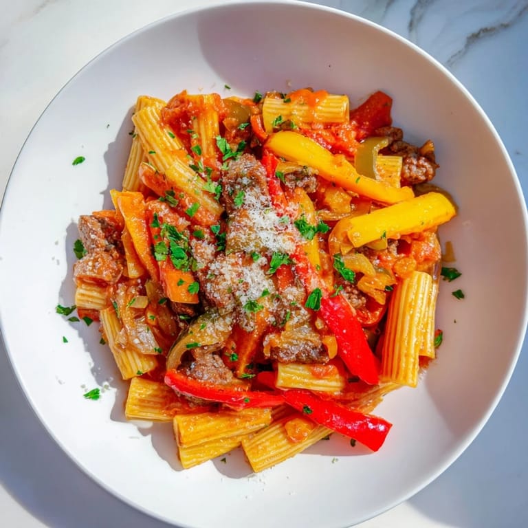 Freshly garnished Sausage and Peppers Pasta with Parmesan, a mouthwatering Italian-American comfort food.