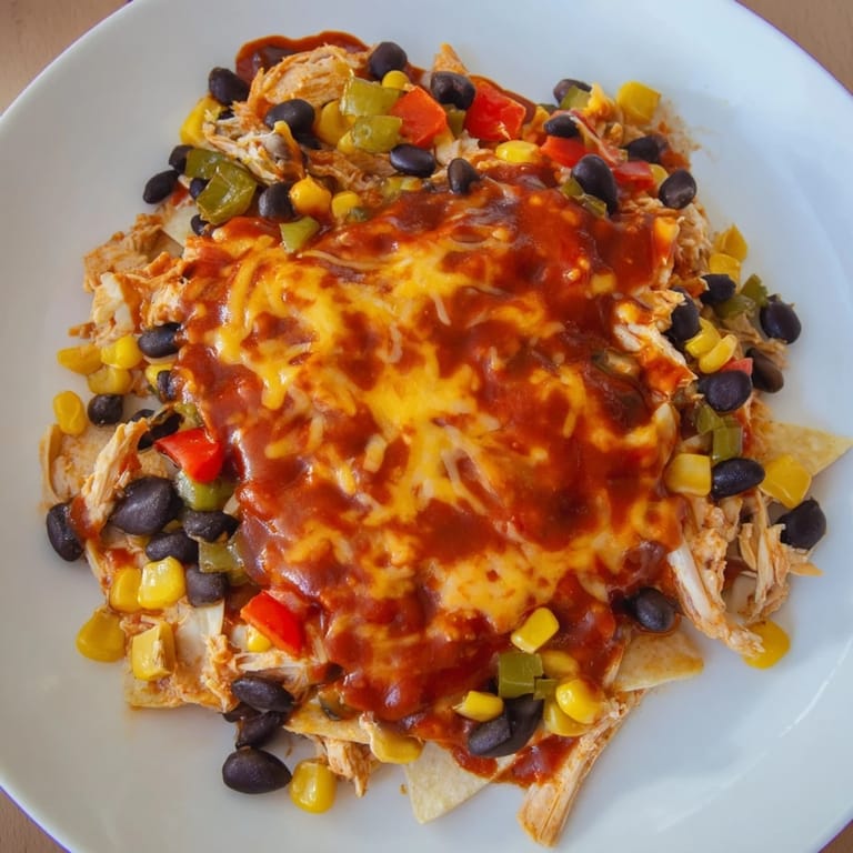 A comforting chicken enchilada skillet featuring tender chicken, tortillas, and a zesty, rich sauce.