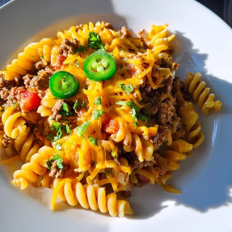 A flavorful Beef Taco Pasta Skillet, featuring tender pasta and savory ground beef, cooked in one pan.
