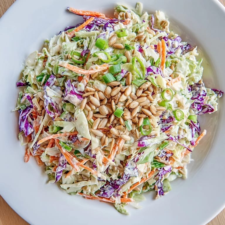 A close-up shot of the fresh Crunchy Coleslaw Salad, complete with crunchy sunflower seeds.