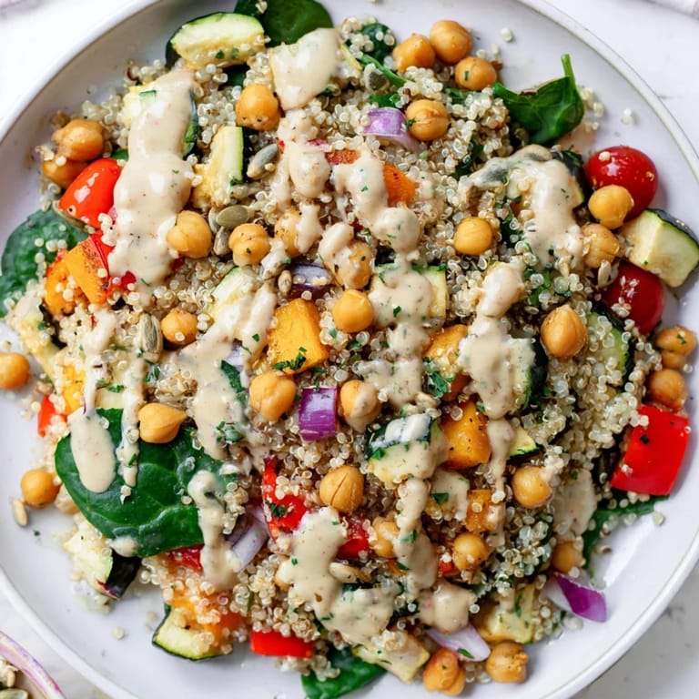 This delicious quinoa power protein salad features chickpeas, a lemon-tahini dressing, and vibrant colors.