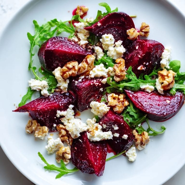 Photo of delicious Roasted Beet Walnut Salad ready to eat, with glistening vinaigrette coating the ingredients.
