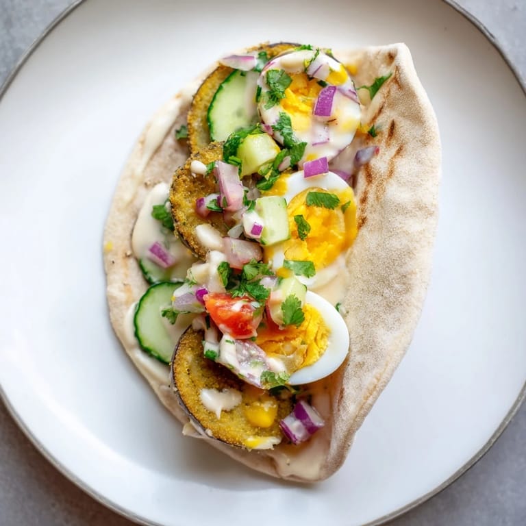 Enjoy the flavors of Israel in this delicious Israeli Sabich, brimming with fresh ingredients.