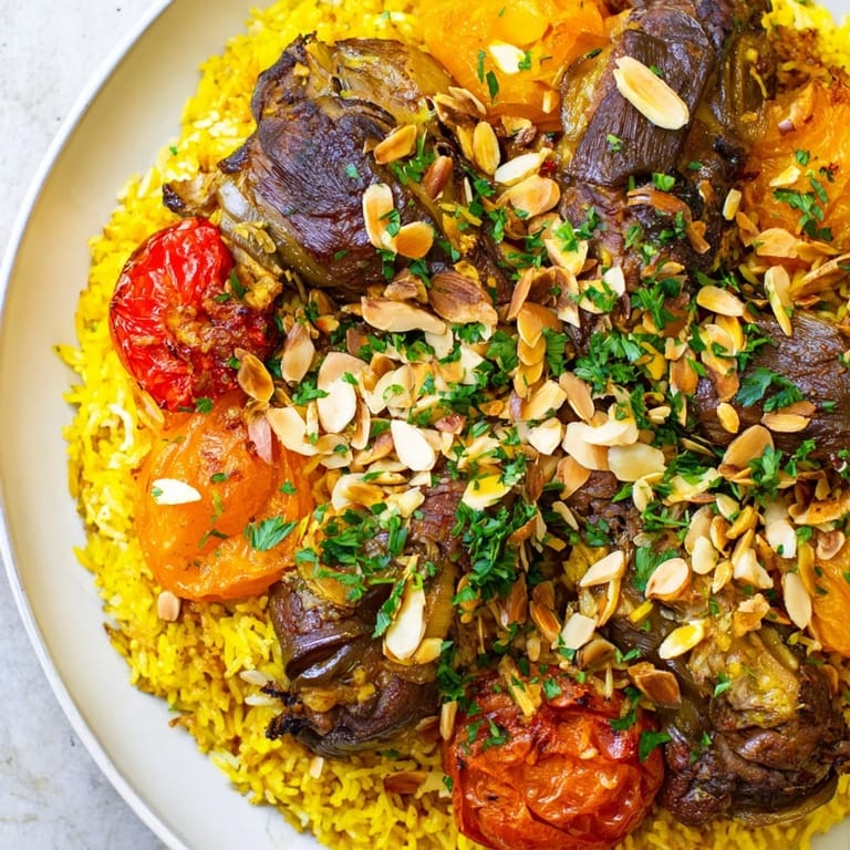 Inverted Palestinian Maqluba with a beautiful flip, piled high with rice, vegetables, and tender meat.