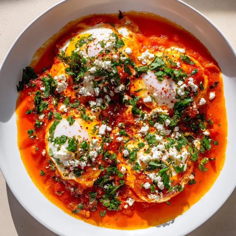 A sizzling pan of Israeli Shakshuka, with eggs gently cradled in a rich tomato and pepper base.