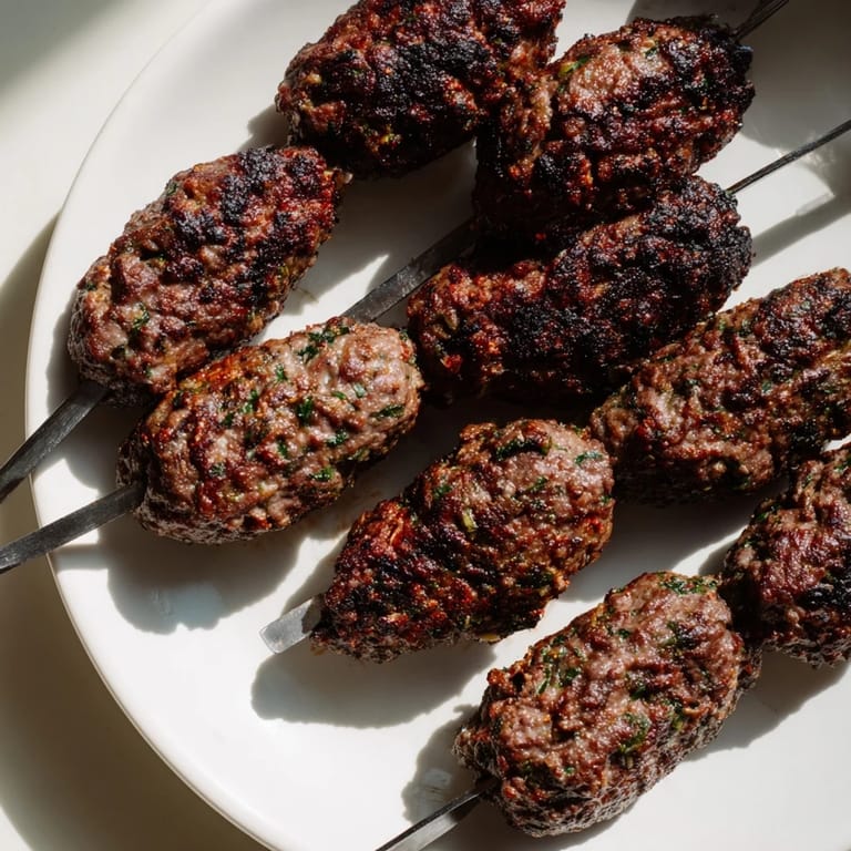 Perfectly grilled Iraqi Kebab Tikka, served with fresh herbs, smells of delicious smoky meat with aromatic spices.