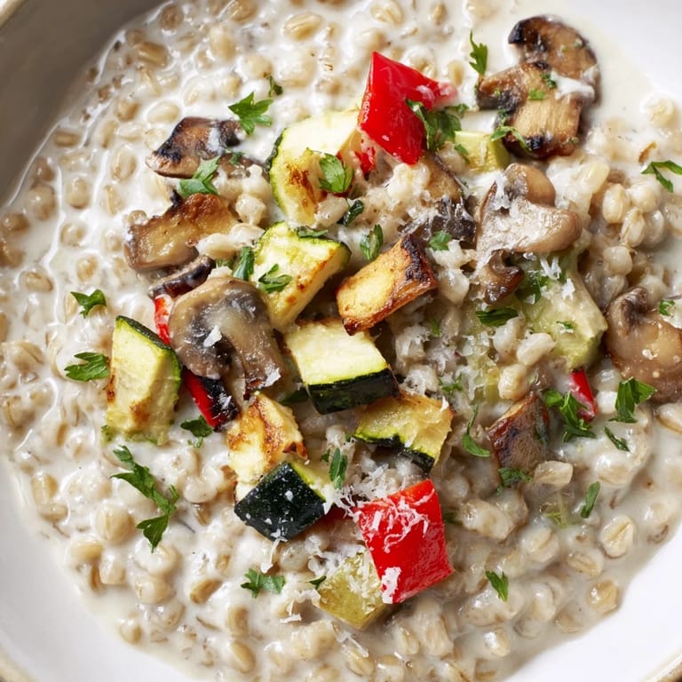 Creamy Pearled Barley Creamy Bowl served hot with colorful zucchini, peppers, tomatoes, and mushrooms.  