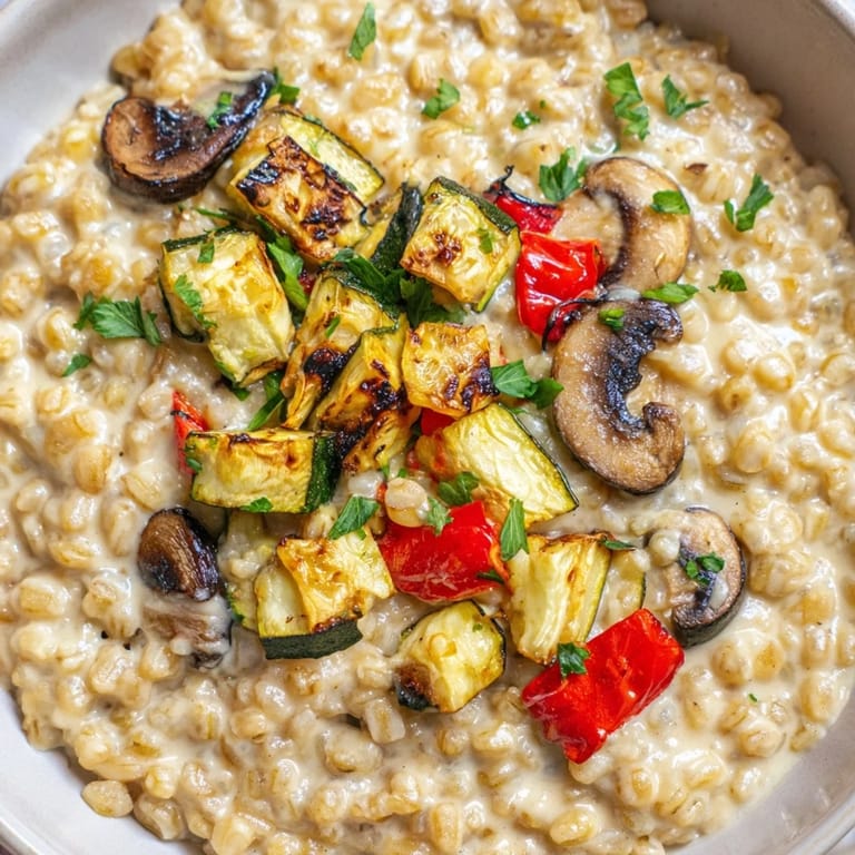 Hearty Pearled Barley Creamy Bowl with a creamy sauce and a side of oven-roasted vegetables.